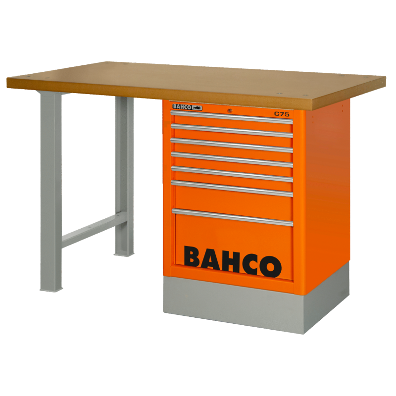 Robuste Werkbank mit 40 mm MDF-Arbeitsplatte 1800 mm + Werkzeugschrank mit 7 Schubladen Orange