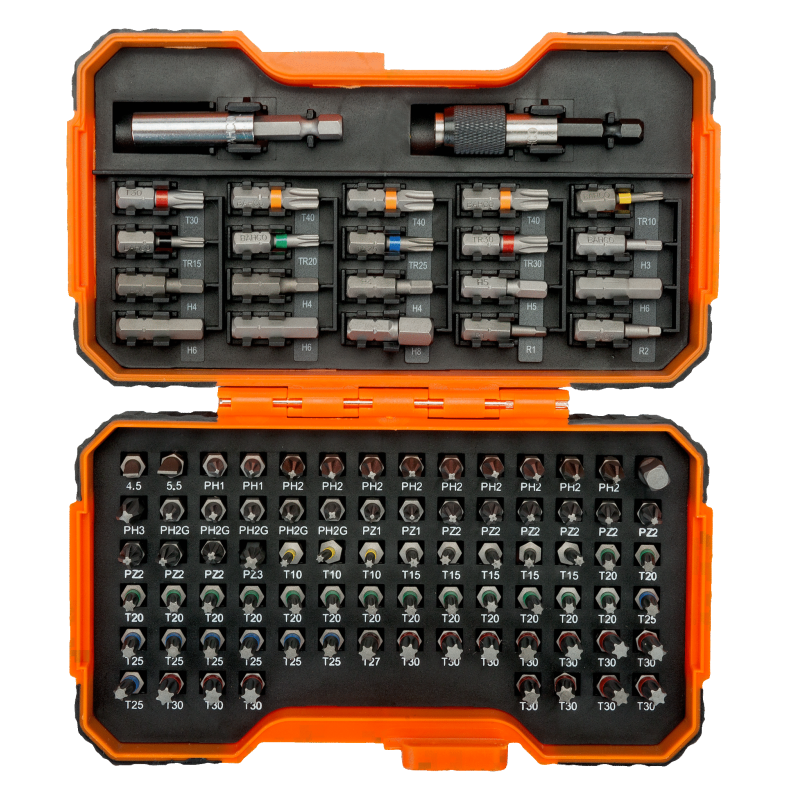 Bit-Box 100-tlg Schlitz Phillips Pozidriv Torx® Torx®-TR Sechskant Robertson® SB-Verpackung